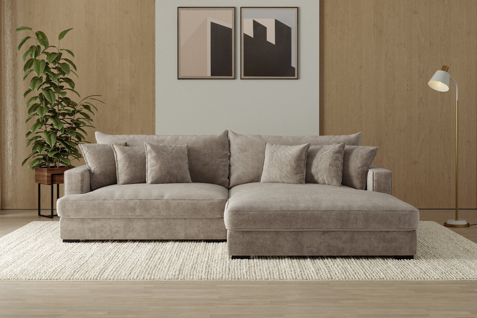 Rossi 2-seter med XL sjeselong høyre Tekstil Genesis 4 Beige, arm A med sorte ben. Std. Komfort.