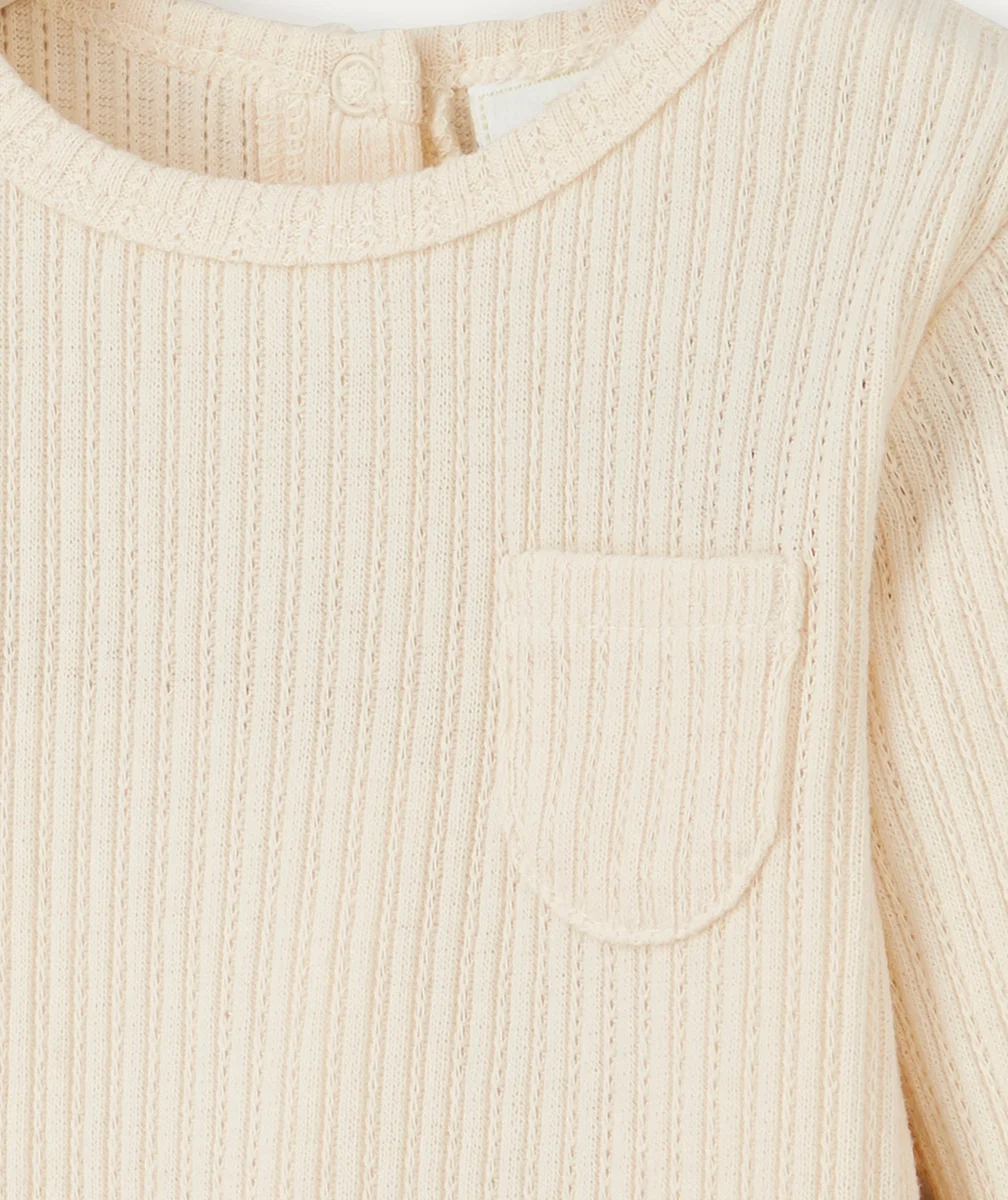 T-SHIRT BÉBÉ FILLE ÉCRU À CÔTES ET AVEC FESTONS
