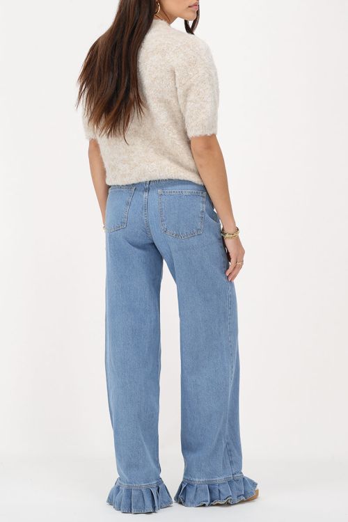 Lichtblauwe wide leg jeans met ruffles