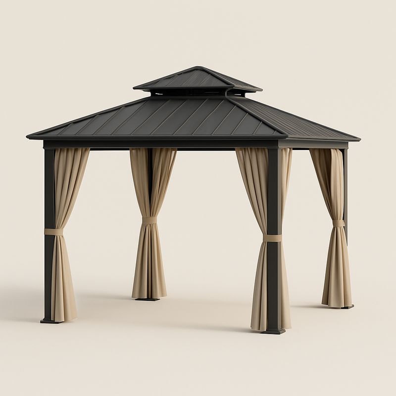 Gartenpavillon Aluminiumrahmen 300cm x 300cm mit Polycarbonatdach und Beigen Vorhängen