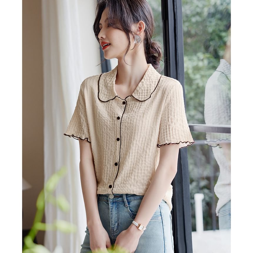 Jeonseon - Blouse met korte mouwen, Peter Pan-kraag, contrasterende rand en knoopjes aan de zijkant