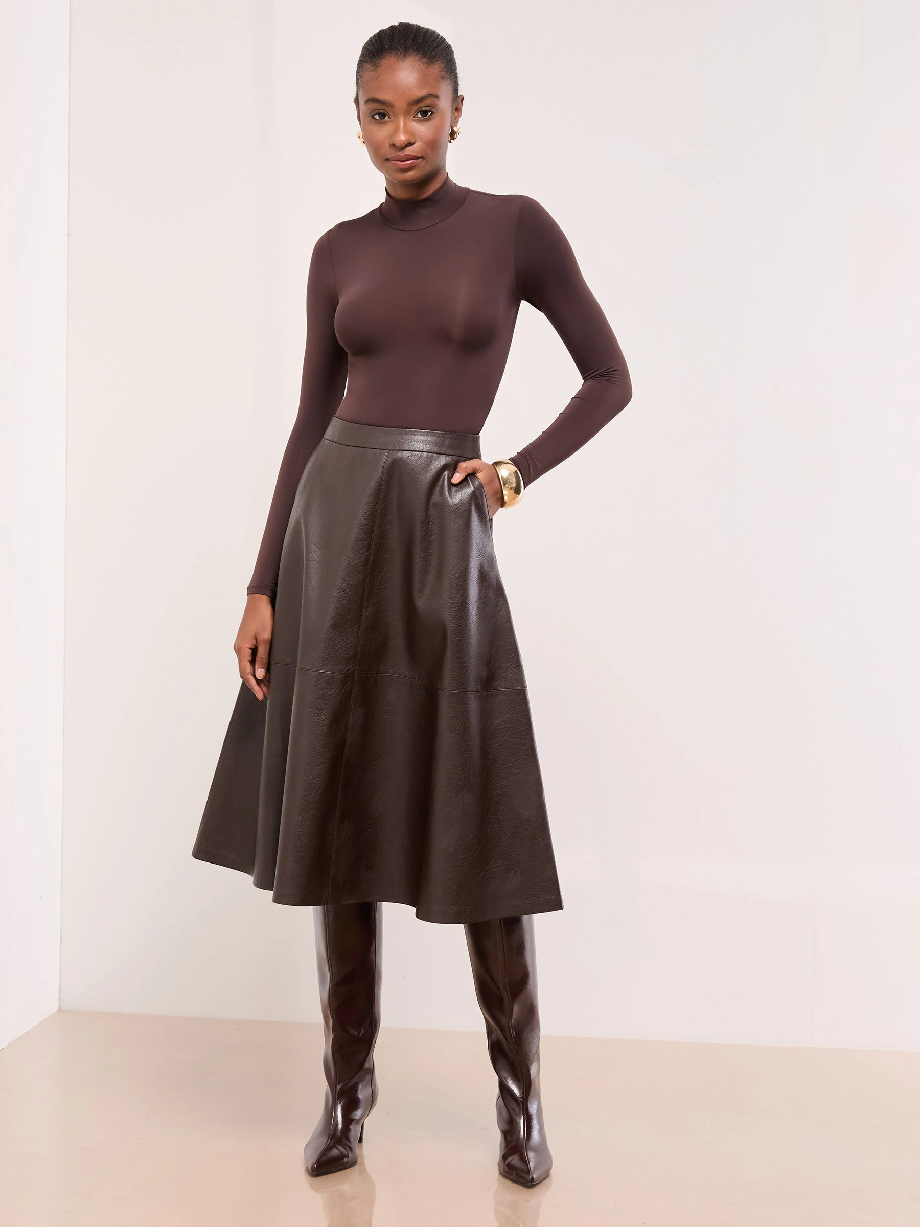 Chocolate Brown Faux Leather - Lipsy Textured Fit and Flared Midi Skirt