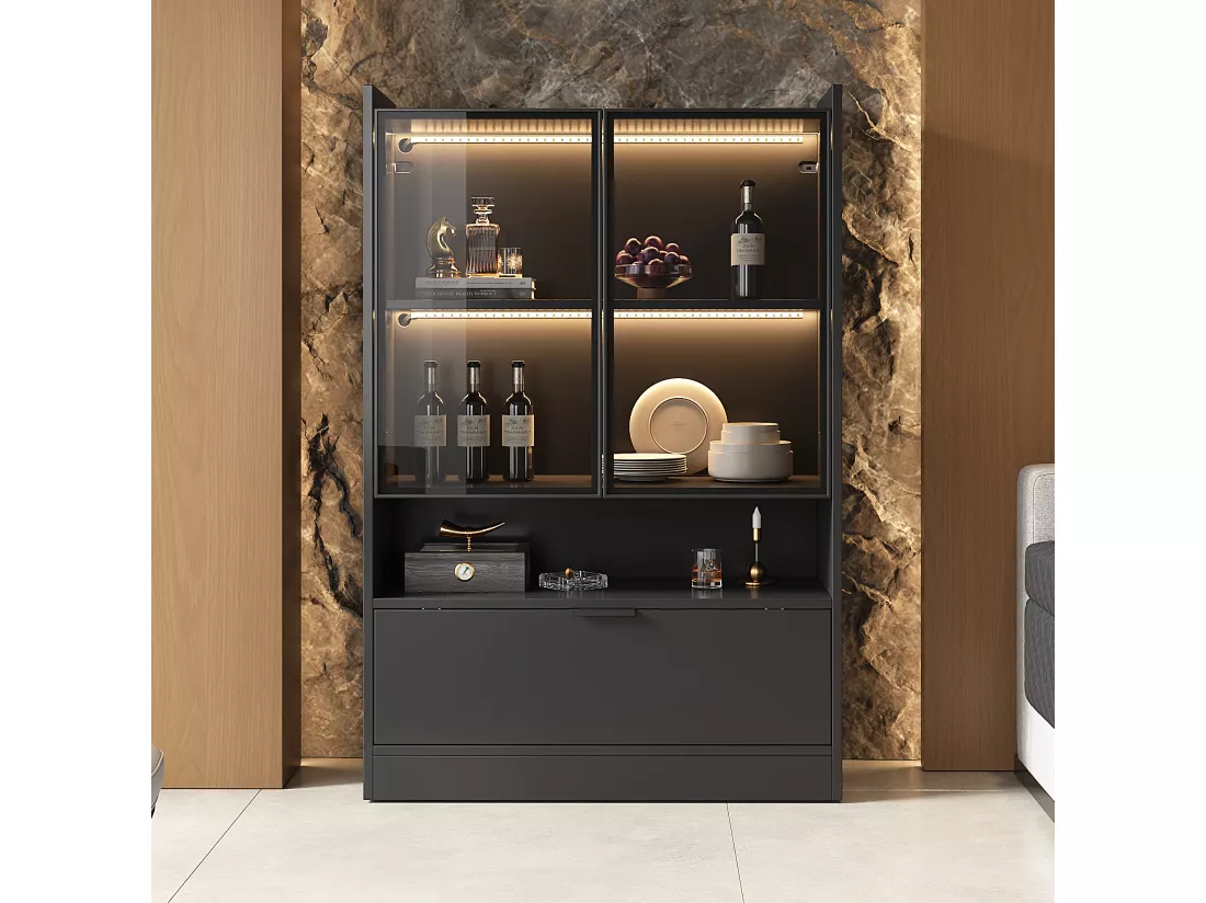 Vitrine LED moderne 80x120x35cm- avec éclairage LED 16 couleurs - avec 2 portes vitrées - avec compartiments de rangement - Noir