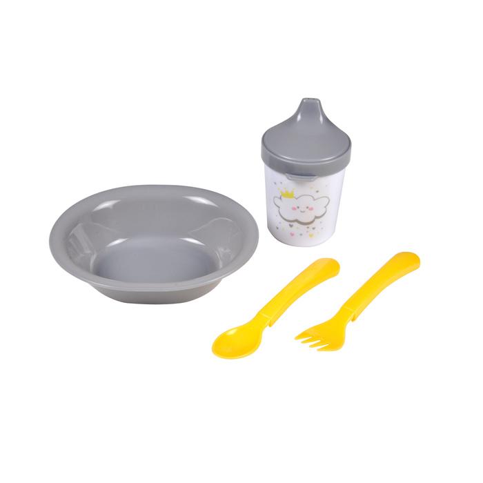 SET REPAS 4 PIECES AVEC ASSIETTE COUVERTS ET TASSE GRIS