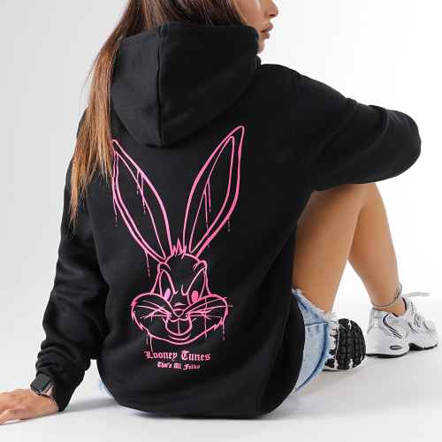 Sweat Capuche Femme Angry Bugs Bunny Noir Rose Fluo