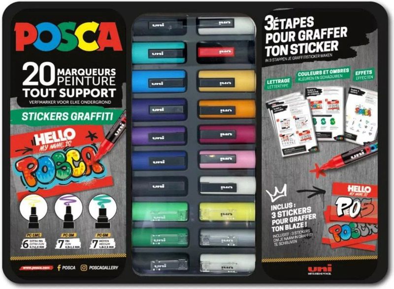 Posca - Sticker Graffiti - Verfstift Set - Assorti - 20 Stuks - Metalen Koffer