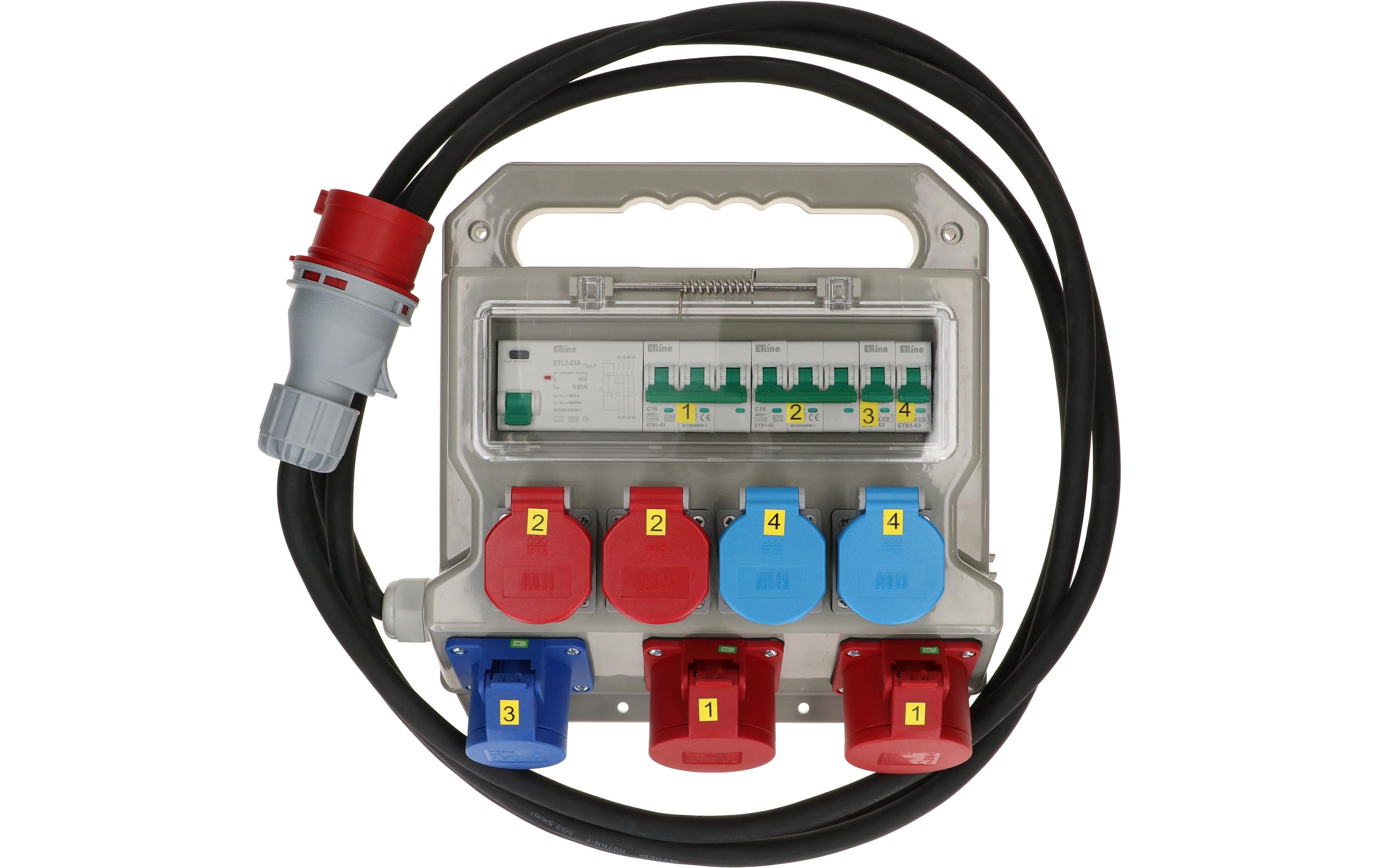 Baustromverteiler CEE16, T25, T23, 40A FI/LS, IP44<br>Baustromverteiler mit Steckdosen für 230 V und 400 V