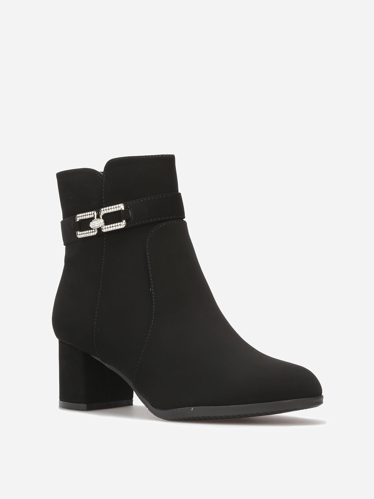 Bottines à boucle en strass et surpiqûres- Noir