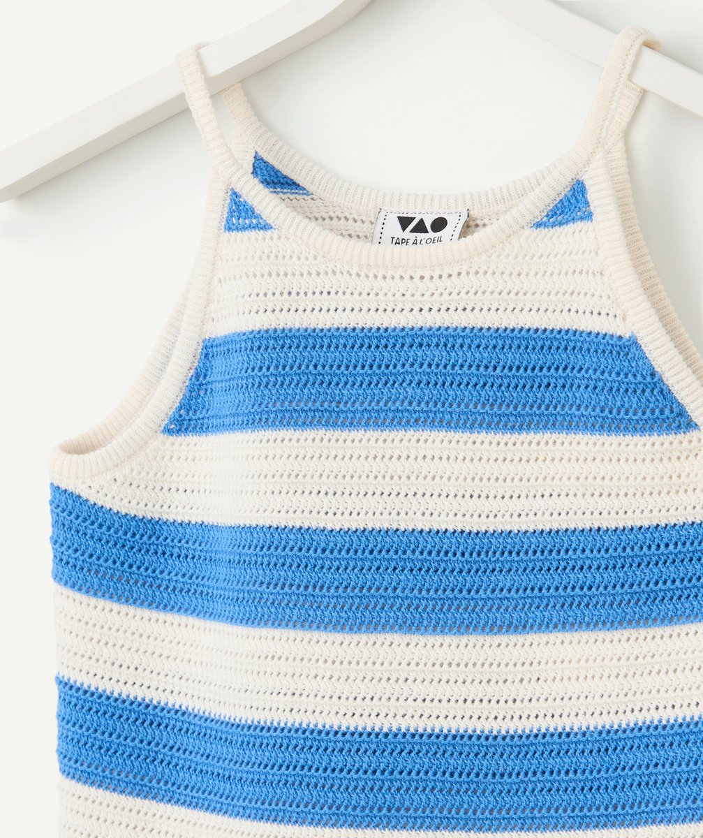 débardeur tricot fille en coton bio rayé bleu et blanc