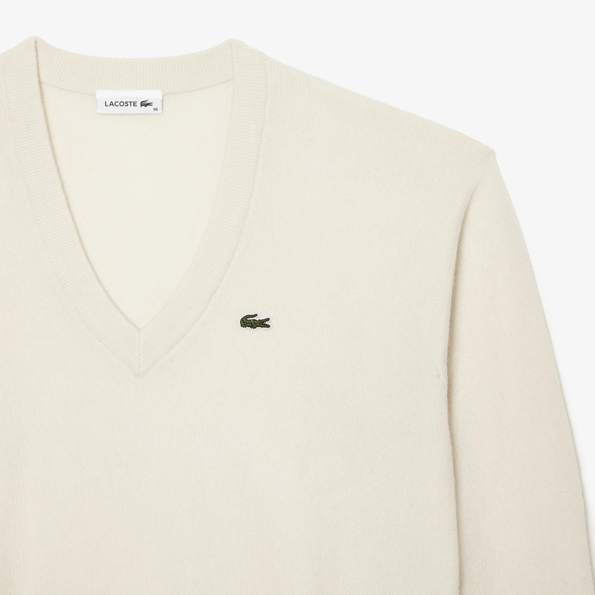 Pull femme Lacoste col en V uni en laine Pullovers - Blanc - Lacoste - Femme