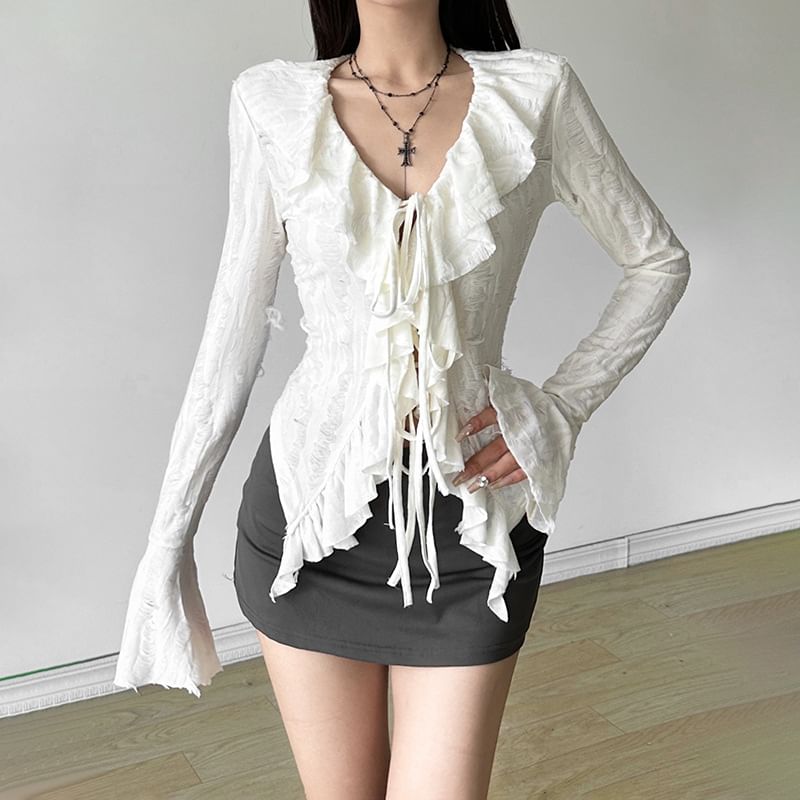 Sugarcoat - Blouse met lange mouwen, V-hals en ruches en kant