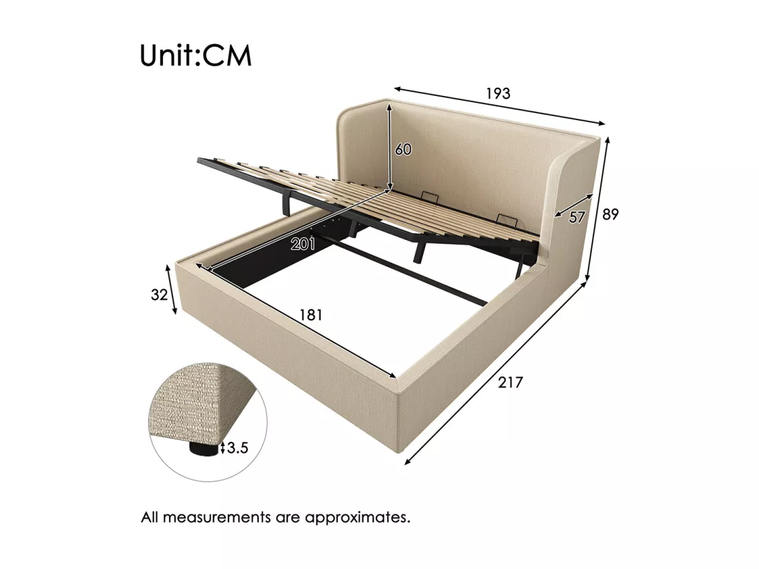 Lit double capitonné 180 x 200 avec larges oreillers latéraux et housse de cadre de lit amovible, lin, beige
