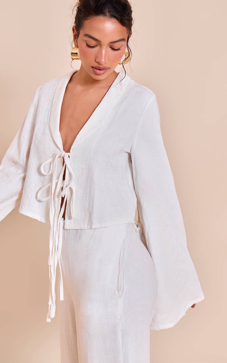 Blanc Chemise Texturée Légère En Tissu Tissé Avec Nœud Devant