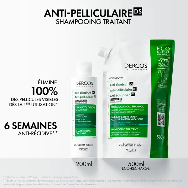 Vichy Dercos Shampooing Antipelliculaire DS Cheveux Gras 200ml + Écorecharge 500ml