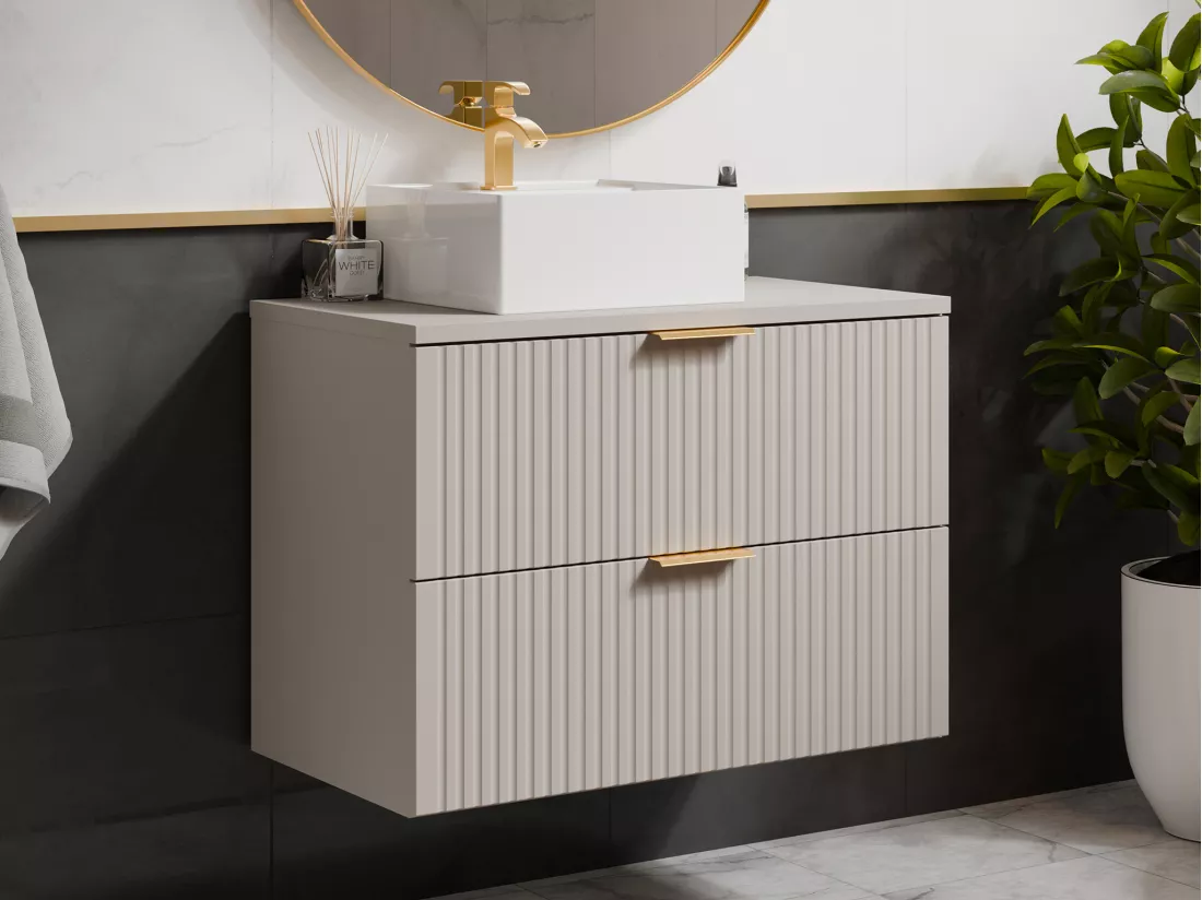 Meuble de salle de bain suspendu strié avec vasque à poser carrée - Beige - 80 cm - ZEVARA