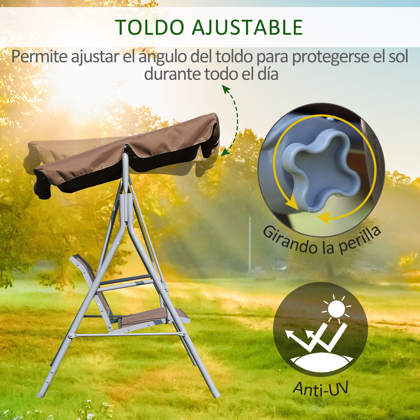 Balanço de jardim Outsunny para 3 pessoas com cobertura ajustável, encosto respirável e estrutura de metal para varanda ou pátio, capacidade de carga de 240 kg, 171 x 108 x 154 cm, marrom.