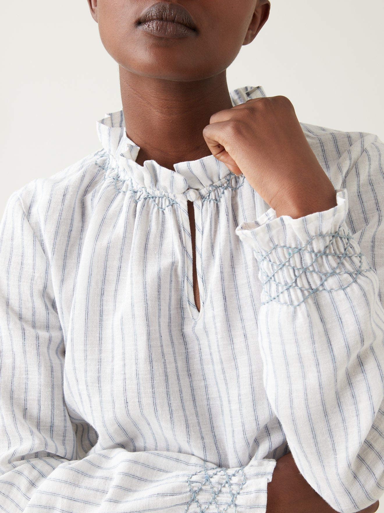 Blouse col froufrou rayures tissé-teint femme