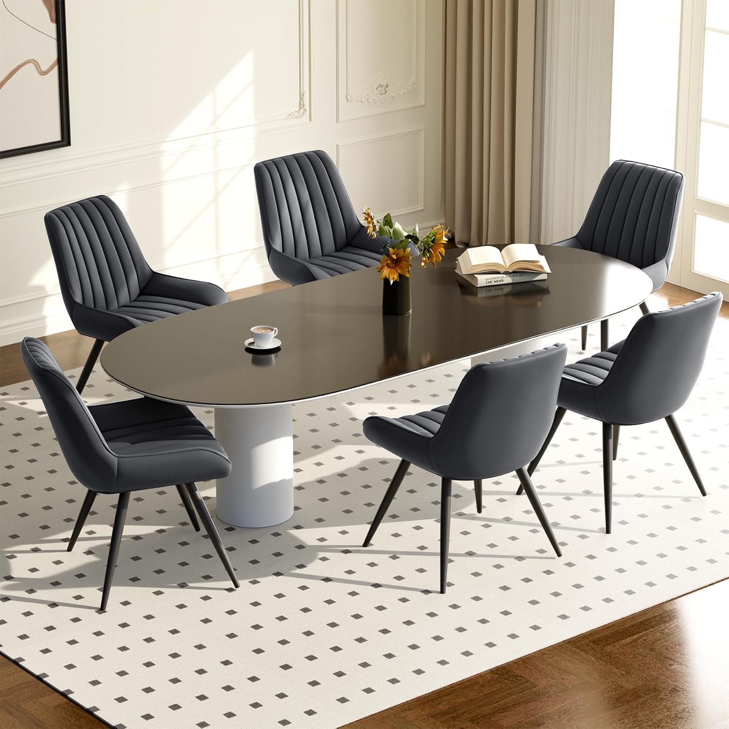 Esszimmerstühle 2er Set | Polsterstühle mit 10 cm Sitzkissen • künstlicher Stoff Dining Chair • Küchenstuhl mit Rückenlehne • Moderne Sessel • Metallbeine • Dunkelgrau FU01043DG-2
