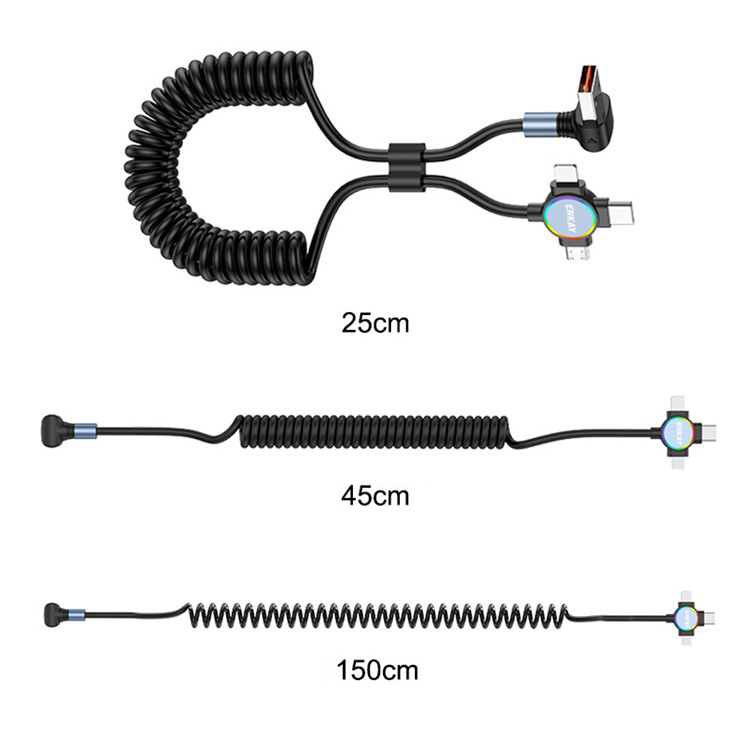 (bis 1.5m) 66W 3in1 USB A auf USB C / Lightning / Micro USB 90 Grad Winkel Spiral Ladekabel Flexibles Datenkabel - Schwarz