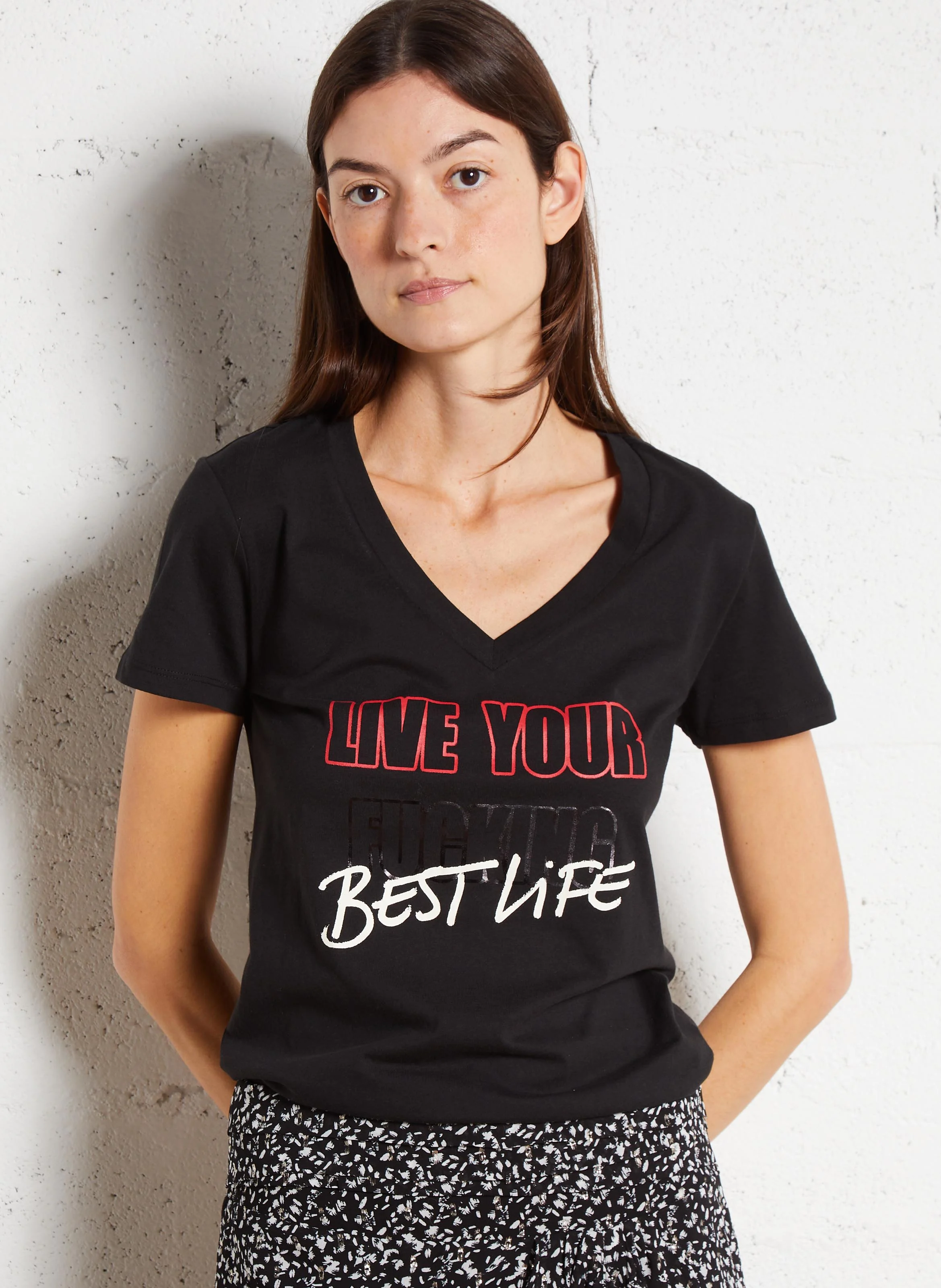Tee-shirt droit col V en coton | Noir