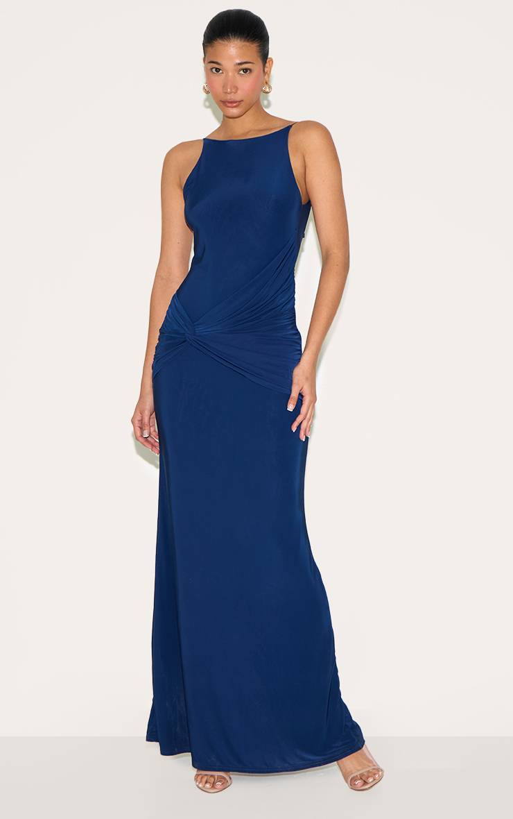 Bleu Marine Robe Longue Dos Nu À Double Couche En Tissu Fluide Avec Col Licou Et Détail Torsadé Devant