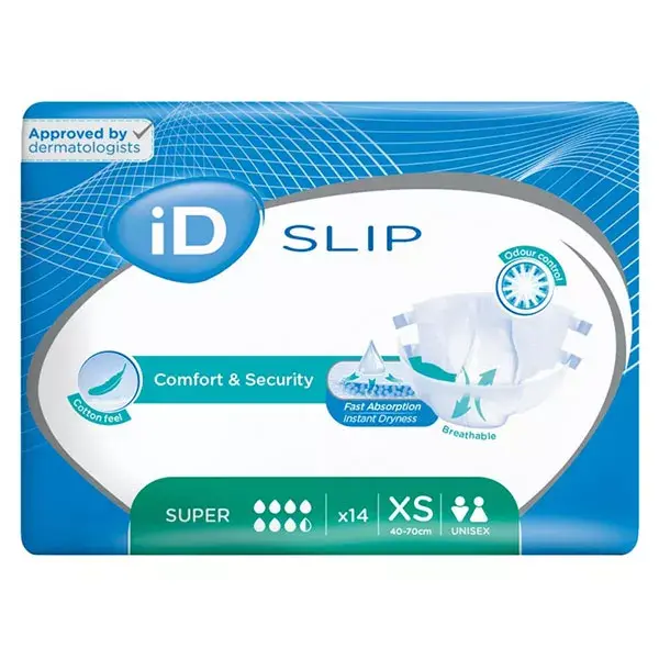 Cueca para Incontinência iD, Tamanho Super Extra Pequeno, com 14 unidades e proteção completa.