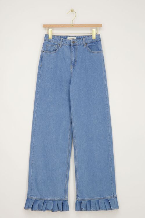 Lichtblauwe wide leg jeans met ruffles