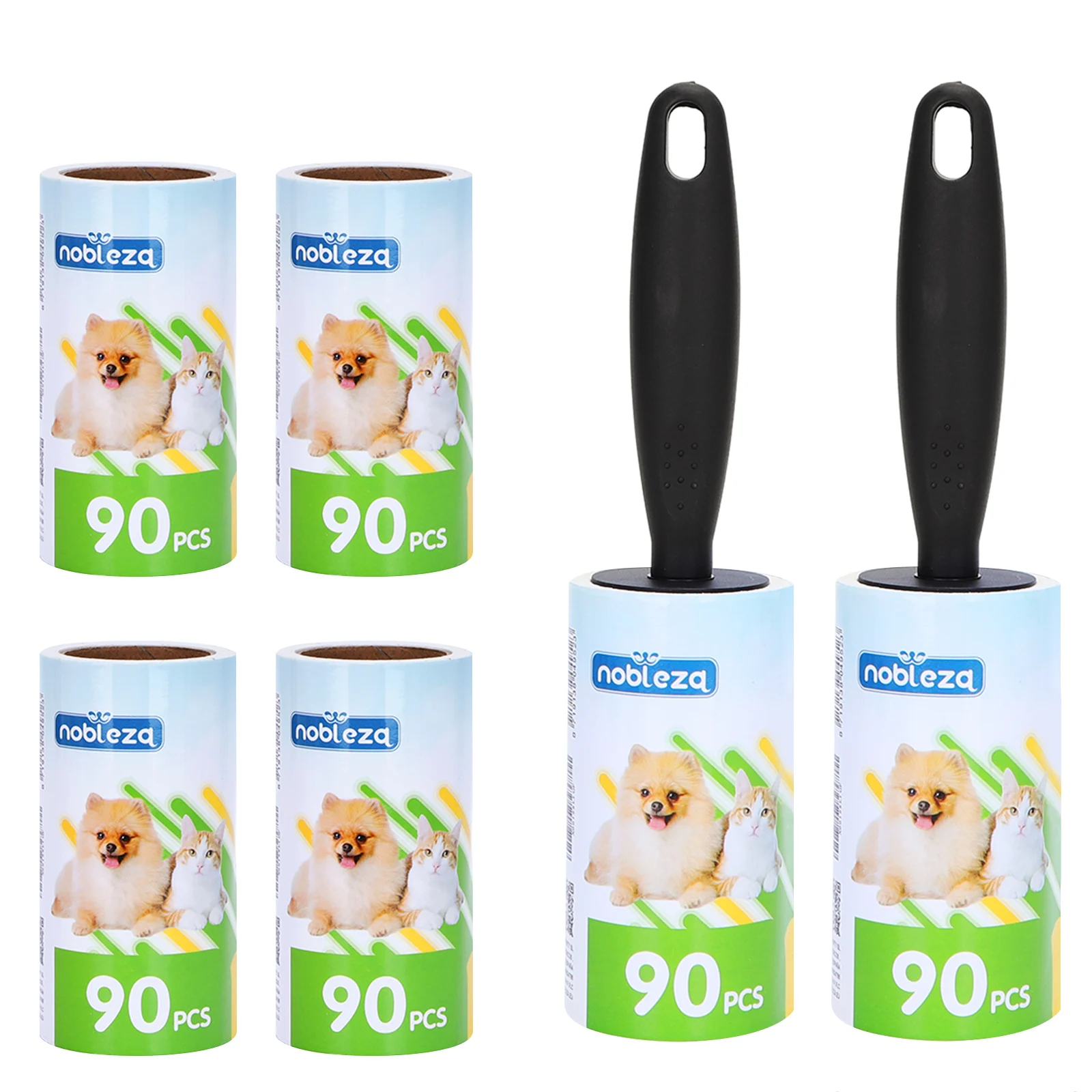 Rolo adesivo para fiapos, 540 folhas, multiuso, remove pelos de animais, ideal para roupas, poeira e fiapos. Inclui 6 rolos e 2 cabos.