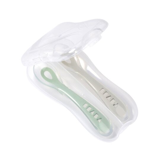 Lot de 2 Cuillères 2ème âge en silicone + boite de transport   gris/vert        de               Béaba