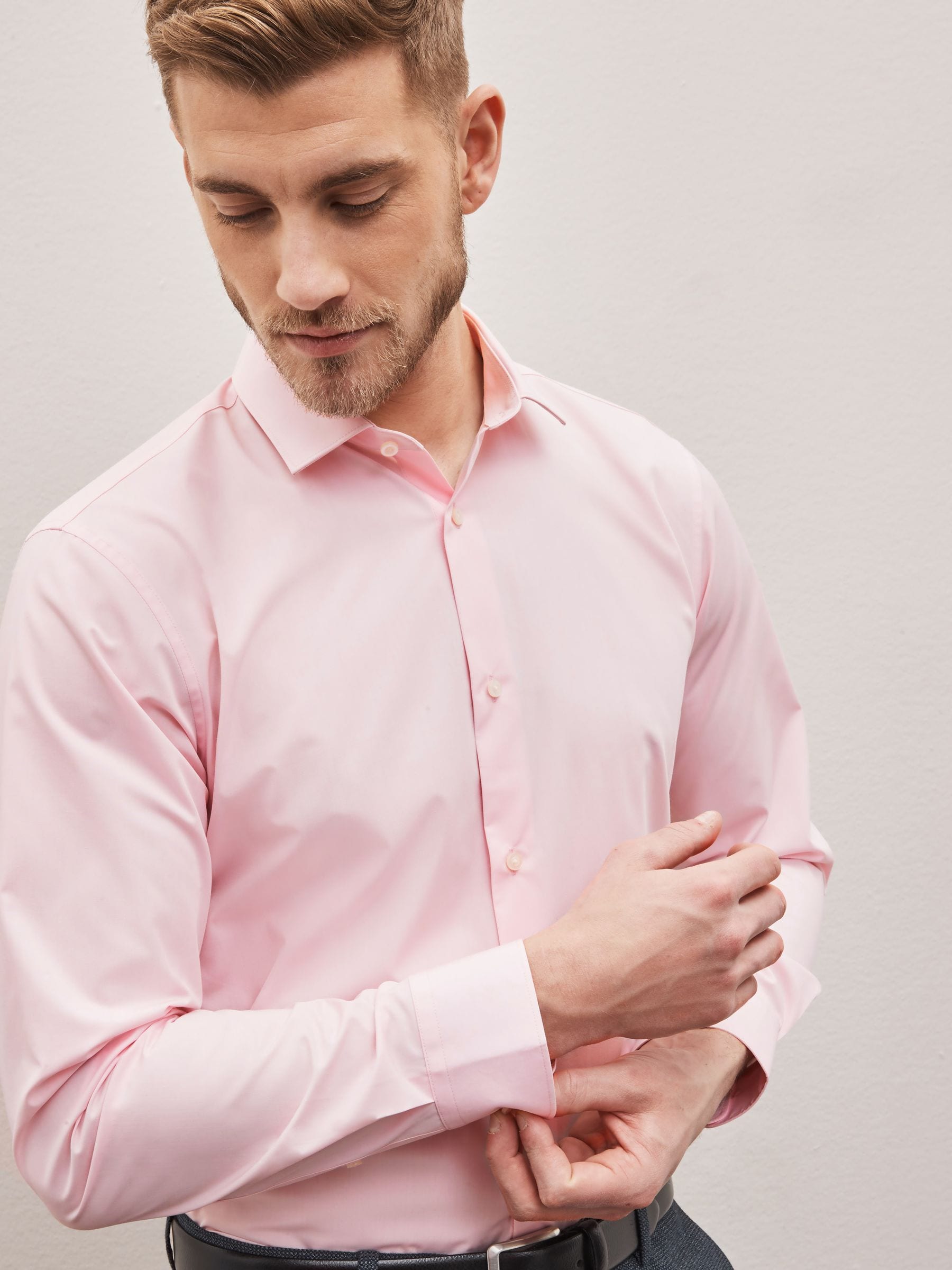 Roze - Normale Pasvorm - Strijkvrij net overhemd met enkele manchet