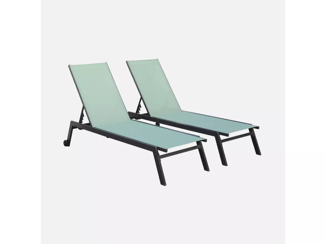 Lot de 2 bains de soleil ELSA en aluminium gris anthracite et textilène vert de gris. transats multi positions avec roulettes