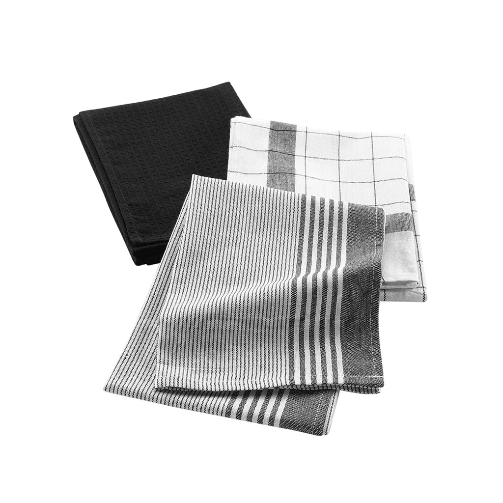 Lot de 3 torchons de cuisine en coton tissé noir VIBRATO 50x70cm