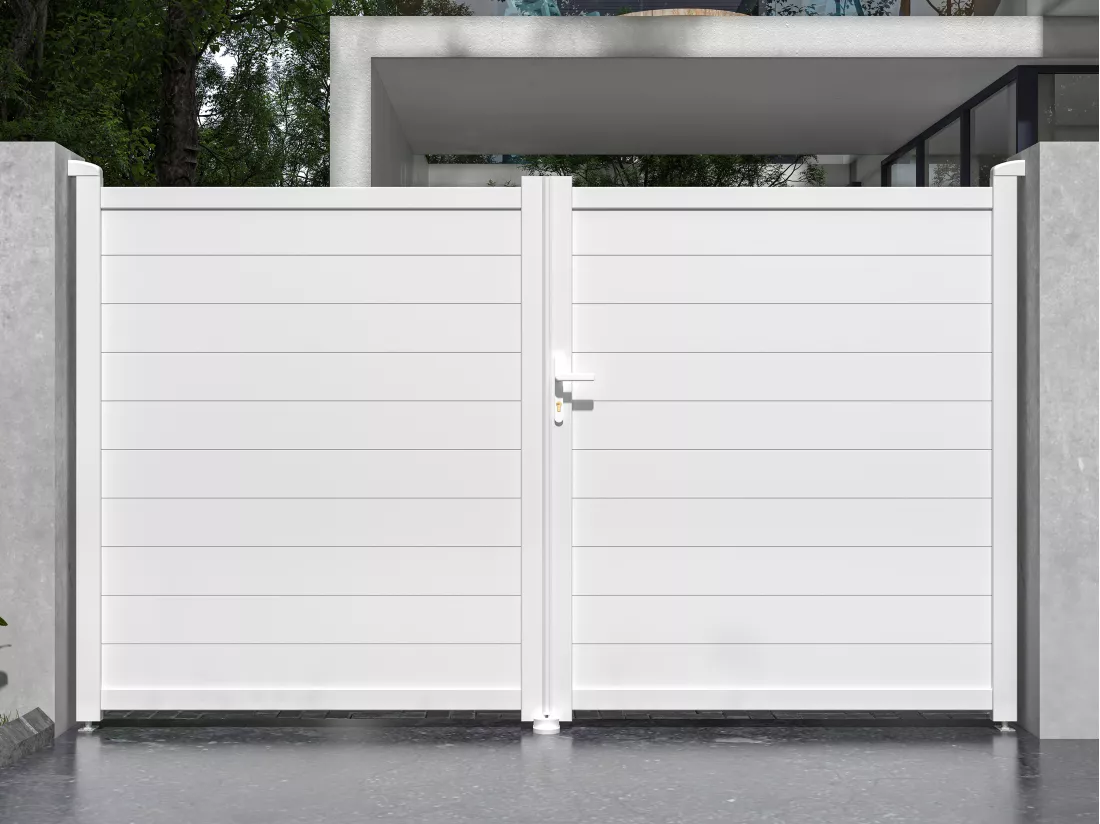 Portail battant aluminium plein L305 x H181 cm blanc - NAZARIO