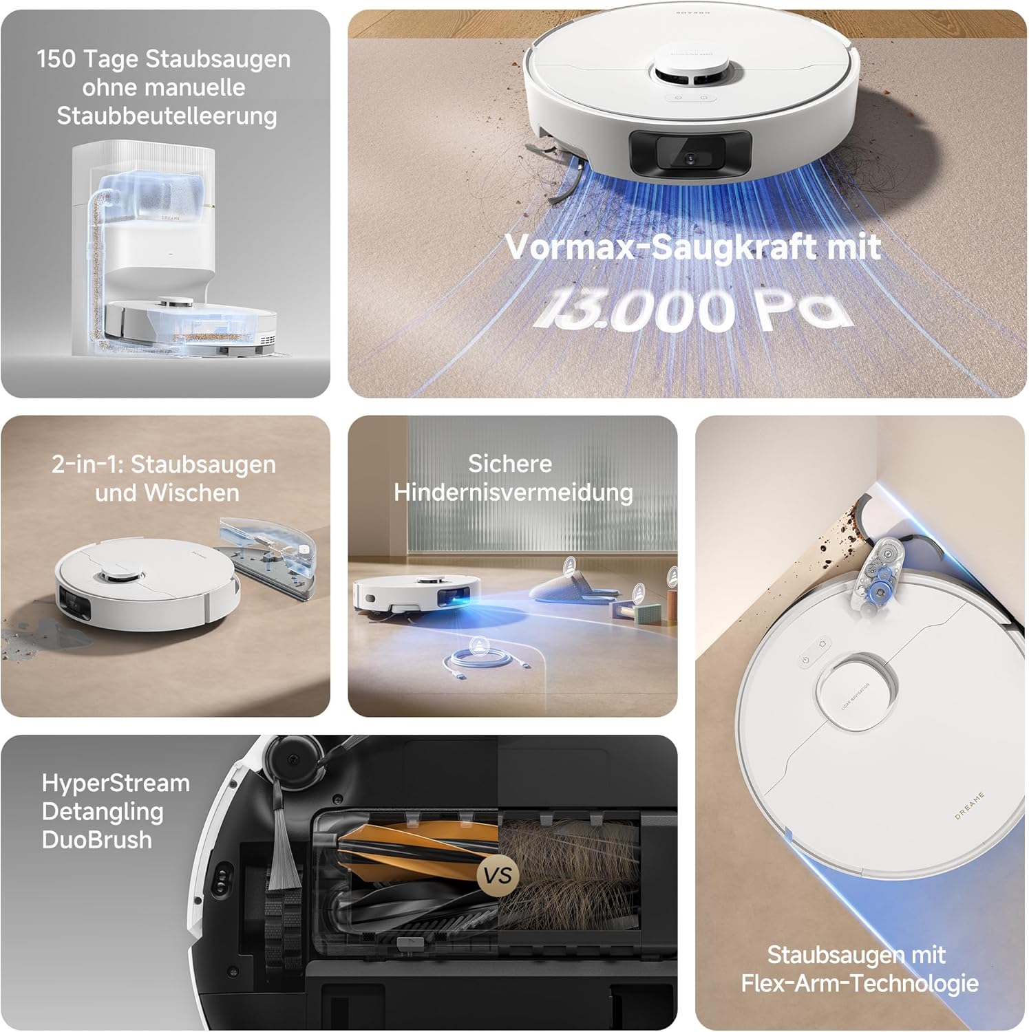 dreame D20 Pro Plus Saugroboter, 13.000 Pa Saugkraft, DuoBrush für Tierhaare, Eckenrein, Selbstentl, Hindernisverm. m. LDS-Navigation & Laser, saugt und wischt, Hartböden & Teppiche, 5.200 mAh Akku