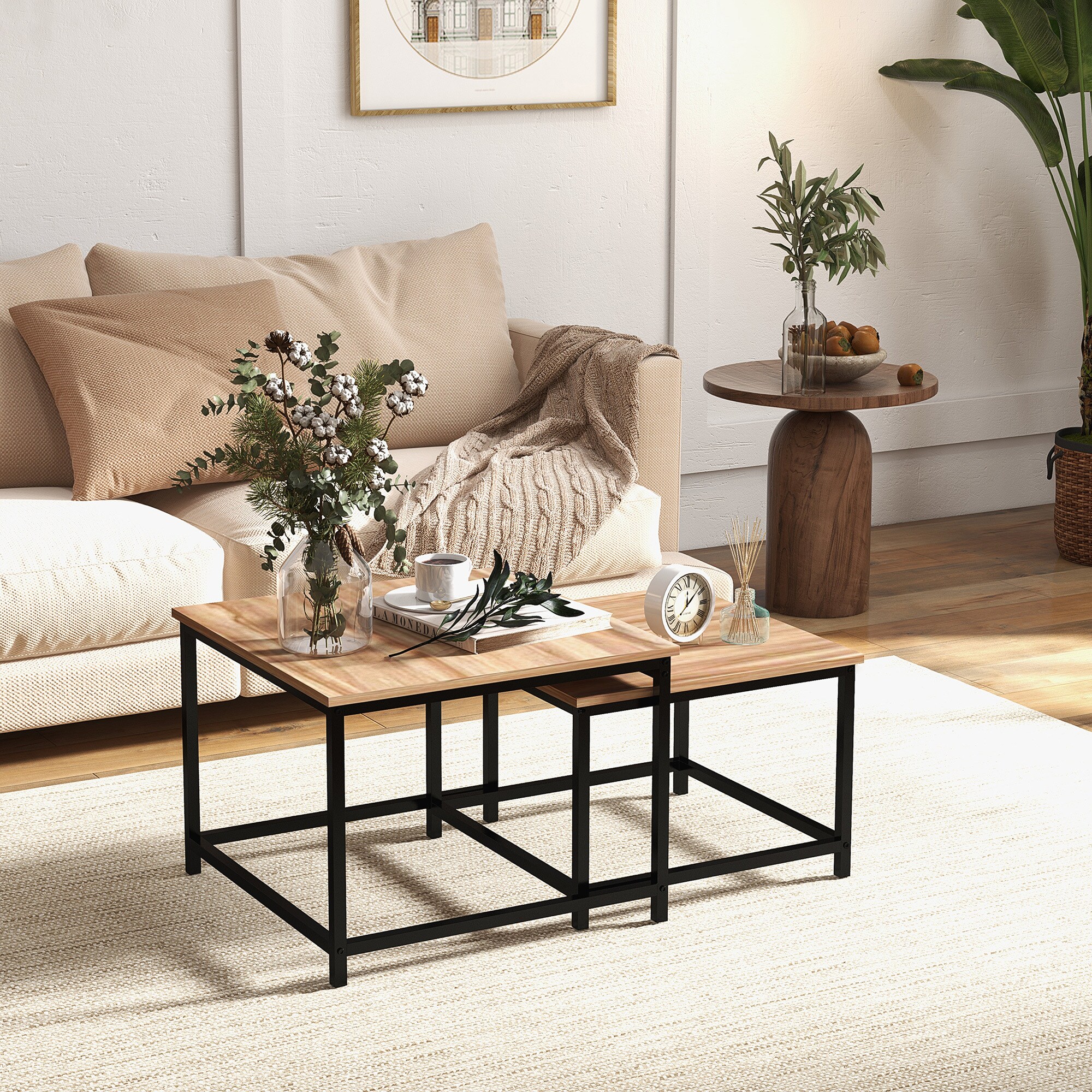 HOMCOM Couchtisch-Set mit Stahlrahmen natur 60L x 60B x 45H cm