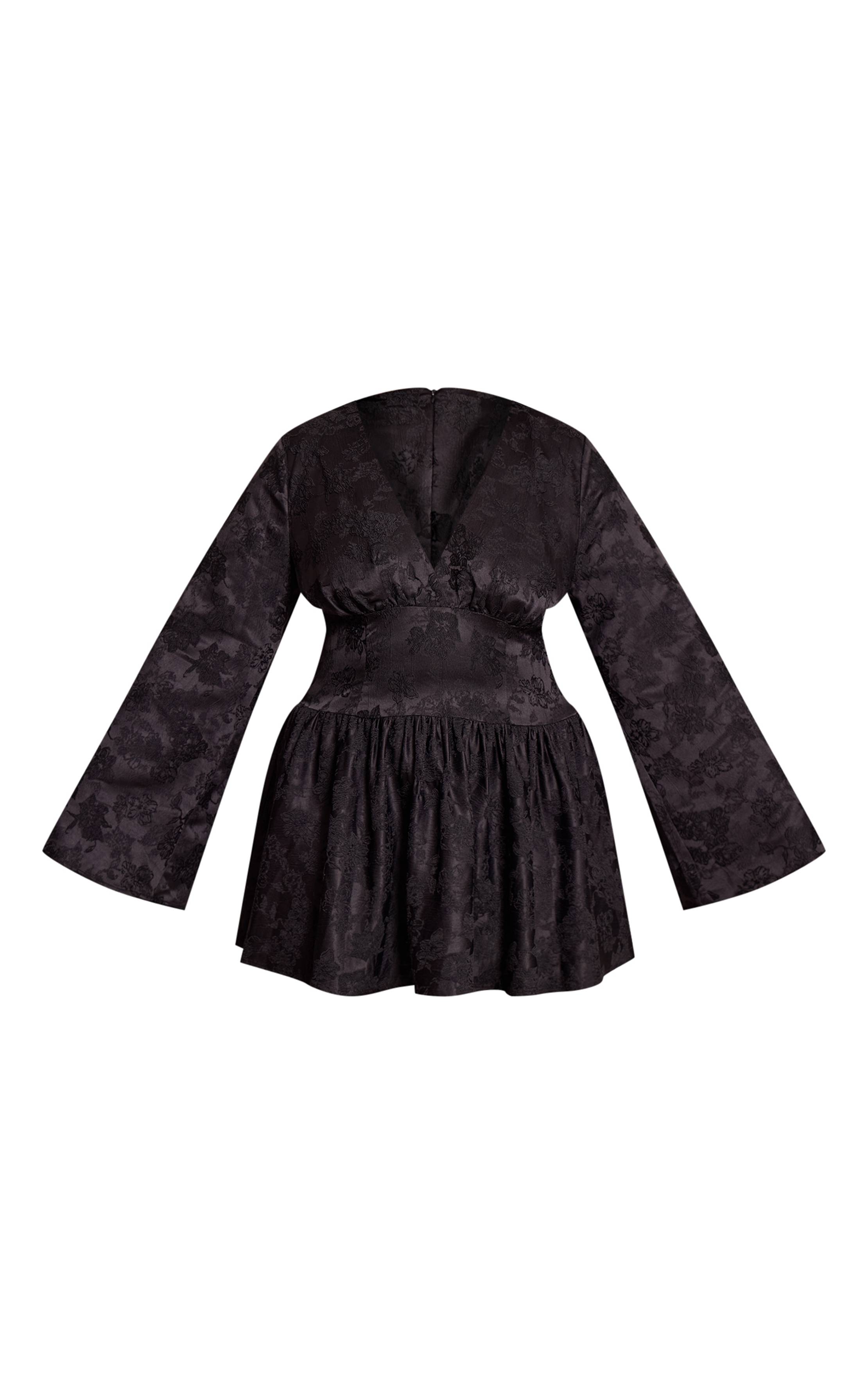 Noir Robe Mini Grande Taille À Manches Évasées En Jacquard Floral