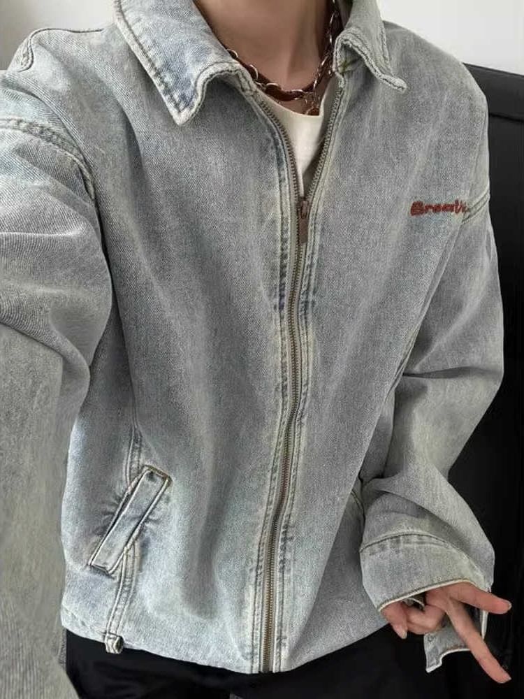 Zentrus - Denim jack met kraag en letters en rits