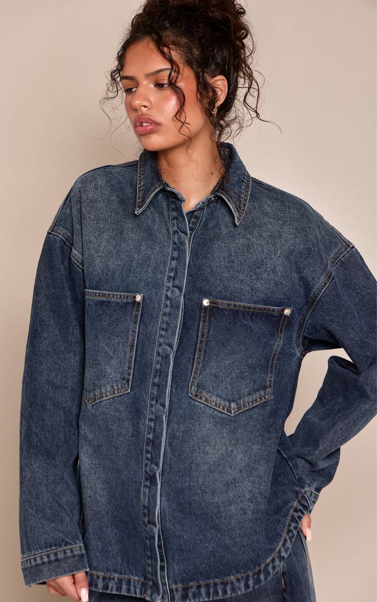 Dark Blue Wash Chemise En Jean Denim Bleu Foncé Vintage Oversize À Poches Style Charpentier