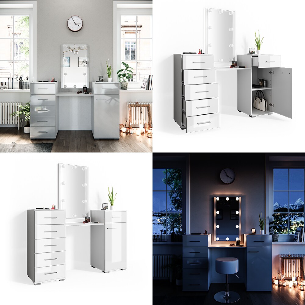 Vicco Schminktisch Zoe Frisiertisch Frisierkommode Spiegel Weiß Hochglanz inklusive LED-Lichterkette