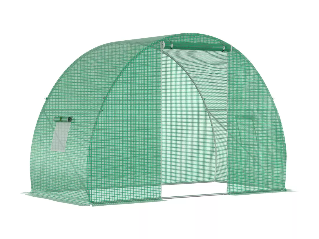 Serre de jardin tunnel surface sol 4,5 m² dim. 3L x 1,5l x 2H m châssis tubulaire renforcé porte zippée 2 fenêtres enroulables vert