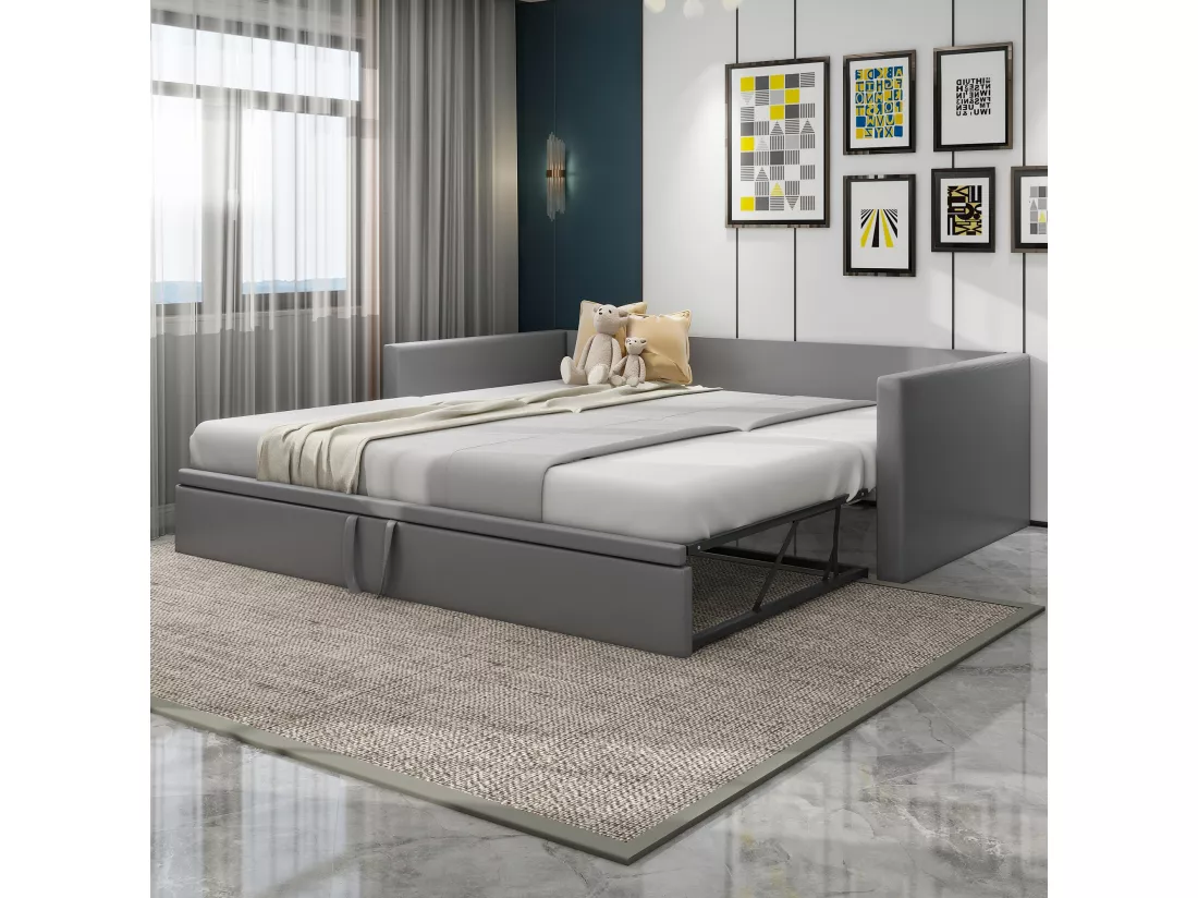 Lit gigogne 90/180x200cm, lit capitonné canapé-lit extensible avec sommiers à lattes, lit multifonctionnel en tissu velours style moderne - gris