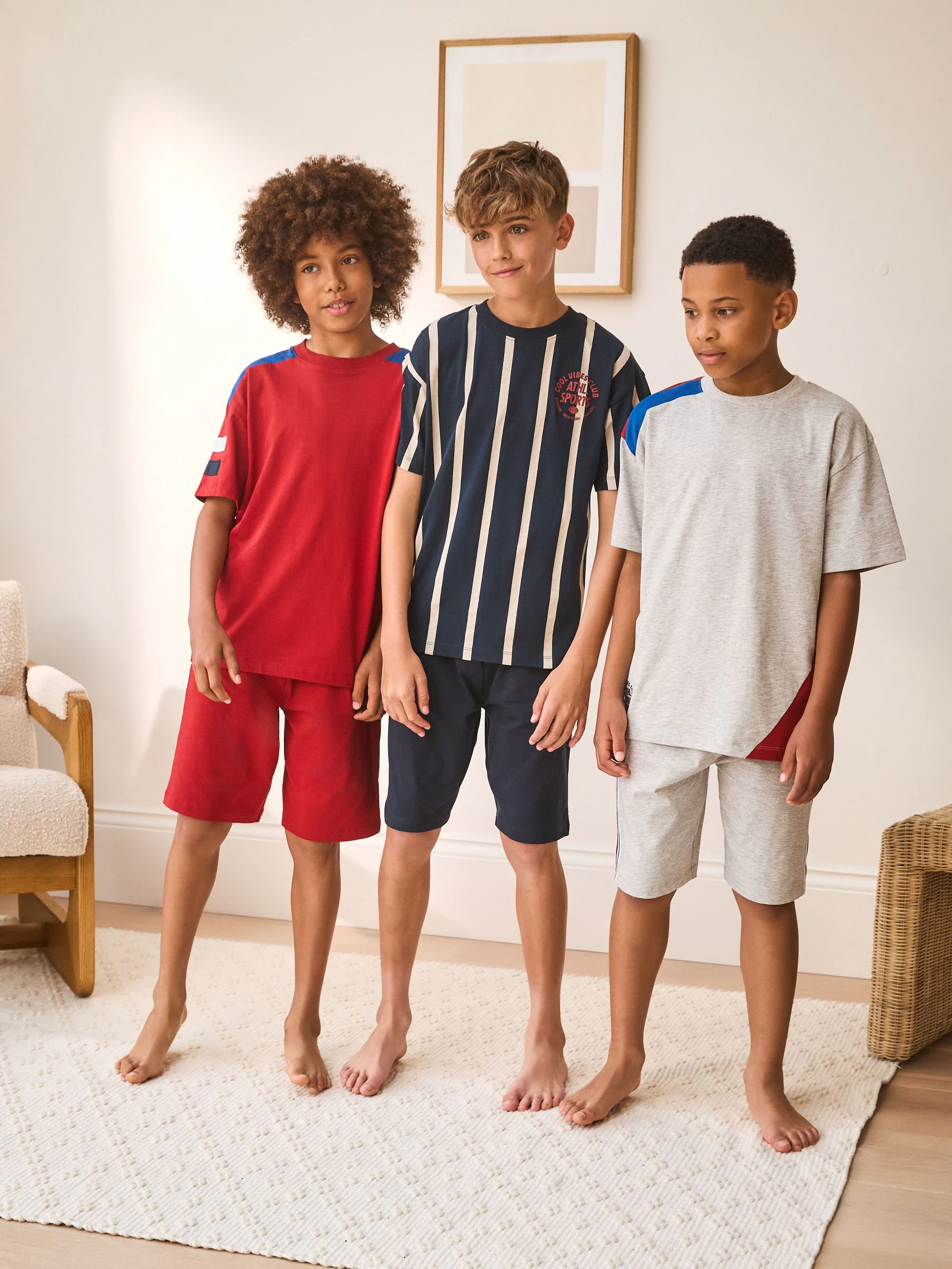 Rood/Blauw/Grijs Strepen Sport - Set van 3 pyjama's met short (3-16 jr)