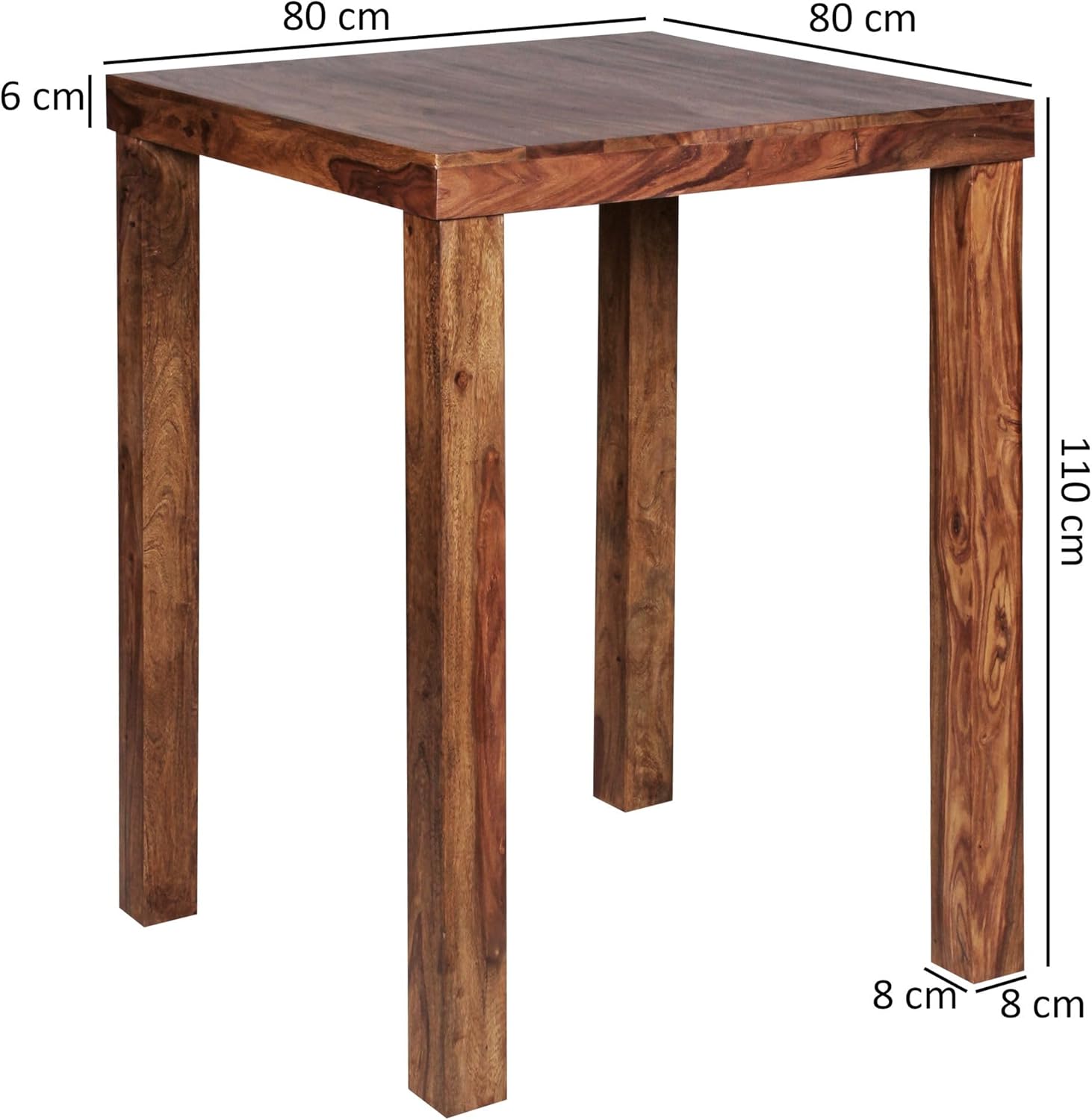 FineBuy Bartisch Massivholz Sheesham 80 x 80 x 110 cm Bistro-Tisch modern Landhaus-Stil Steh-Tisch quadratisch dunkel-braun Natur-Produkt Massiv-Holz-Möbel Hausbar Esstisch Echt-Holz unbehandelt Braun