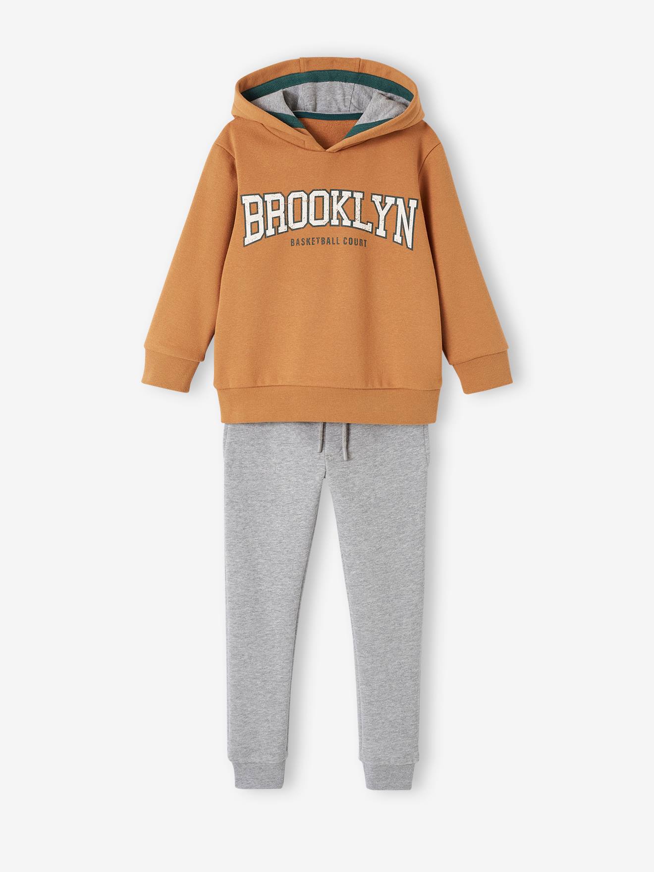 Conjunto de treino infantil: casaco com capuz em fleece vermelho mesclado e calça de moletom.