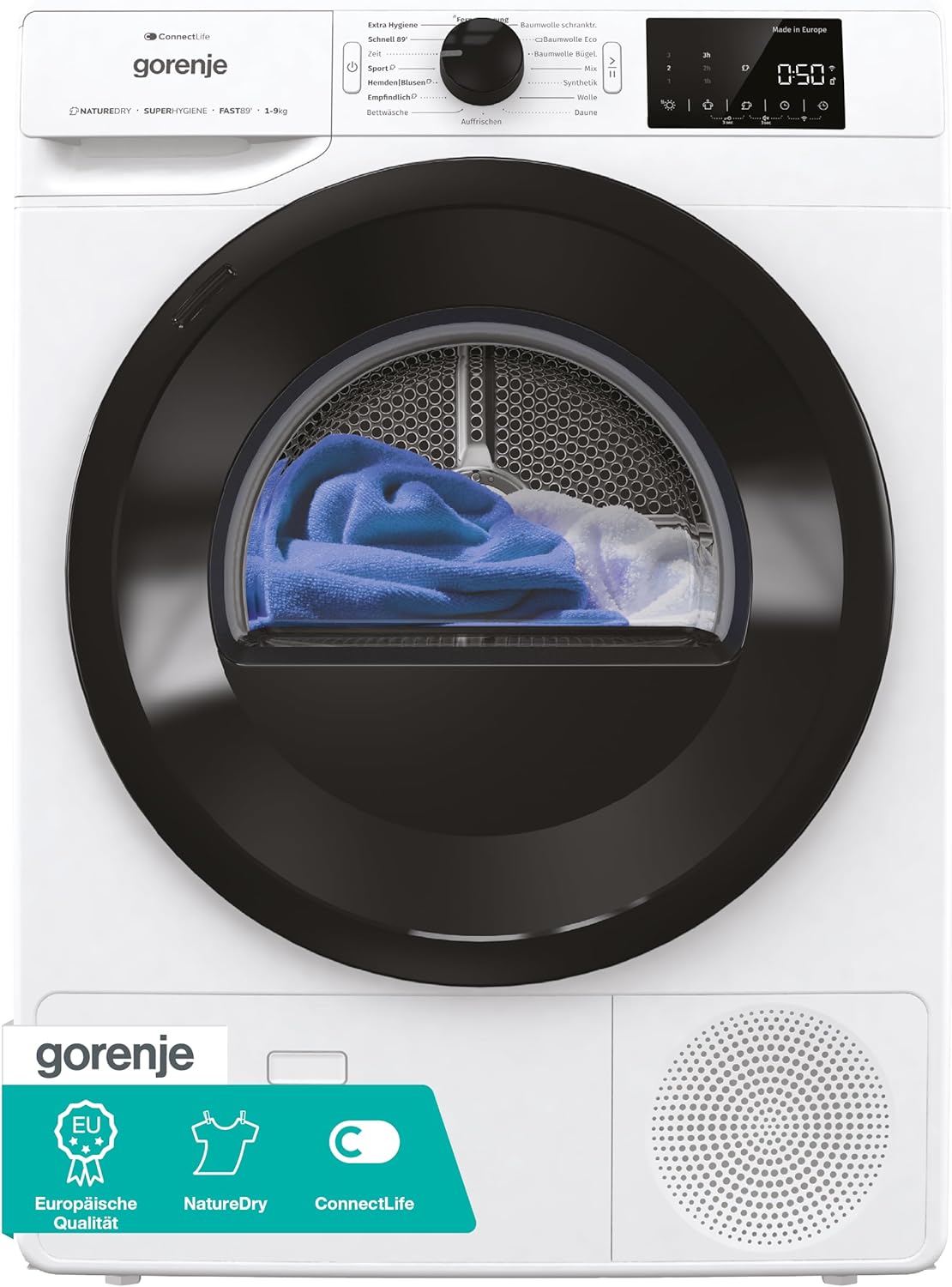 Gorenje DPNE92/GN Trockner/Kondensation mit Wärmepumpe / 9kg / 16 Programme/WIFI/Made in Europe/WaveActive Trommel/TwinAir/Feuchtesensor/Naturedry/LED Display/EEK: D
