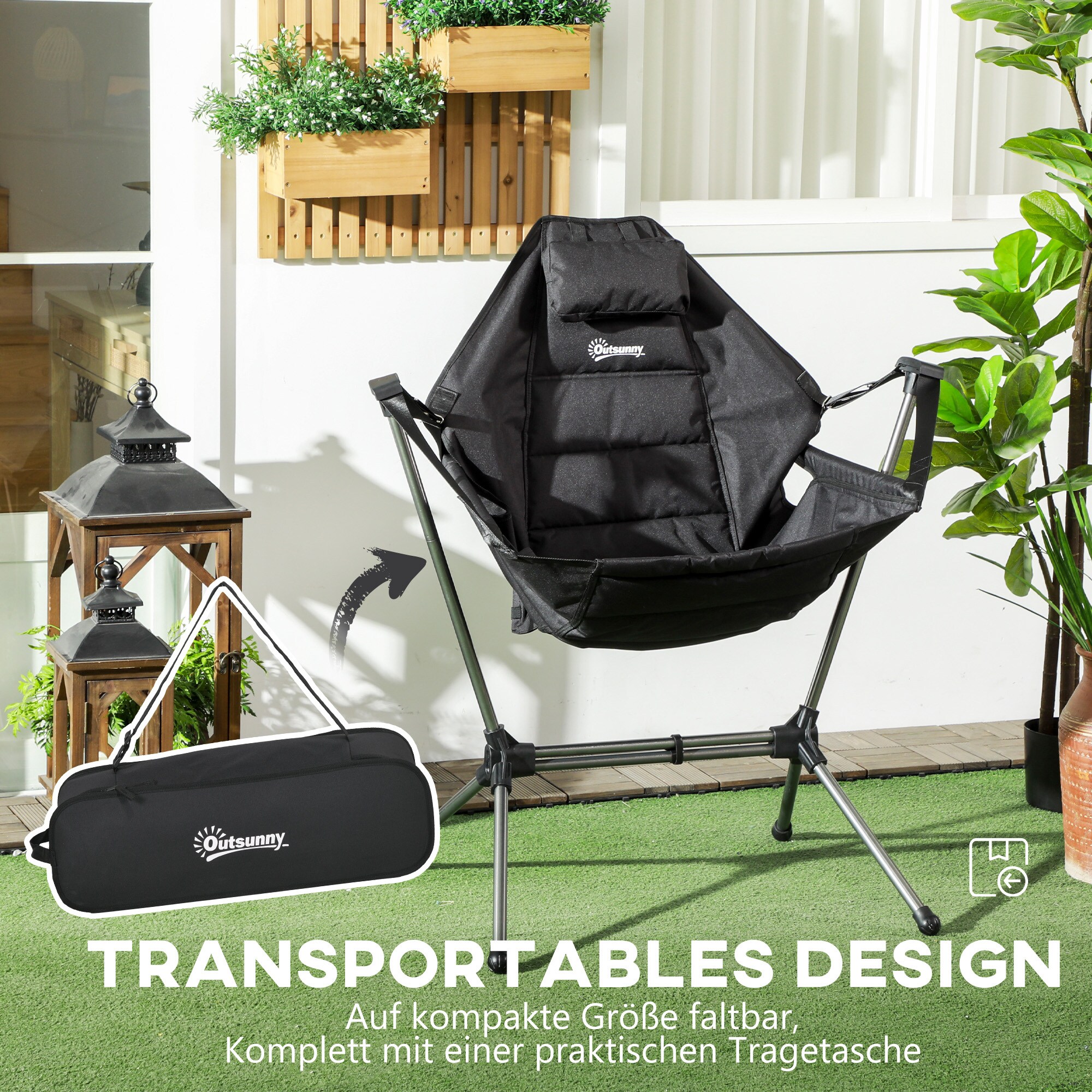 Outsunny Campingstuhl mit Schaukelfunktion schwarz 54L x 100B x 101H cm