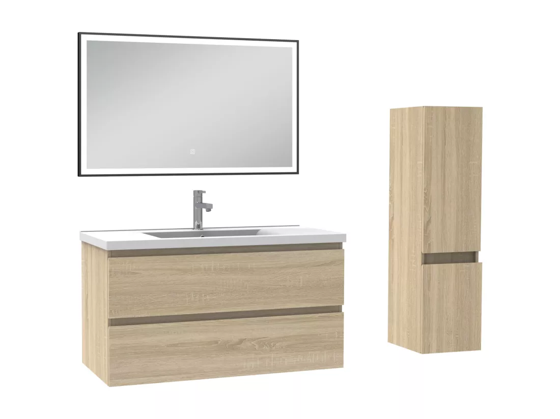 Meuble salle de Bain 100cm simple vasque avec colonne et miroir 3 couleurs Chêne Wotan