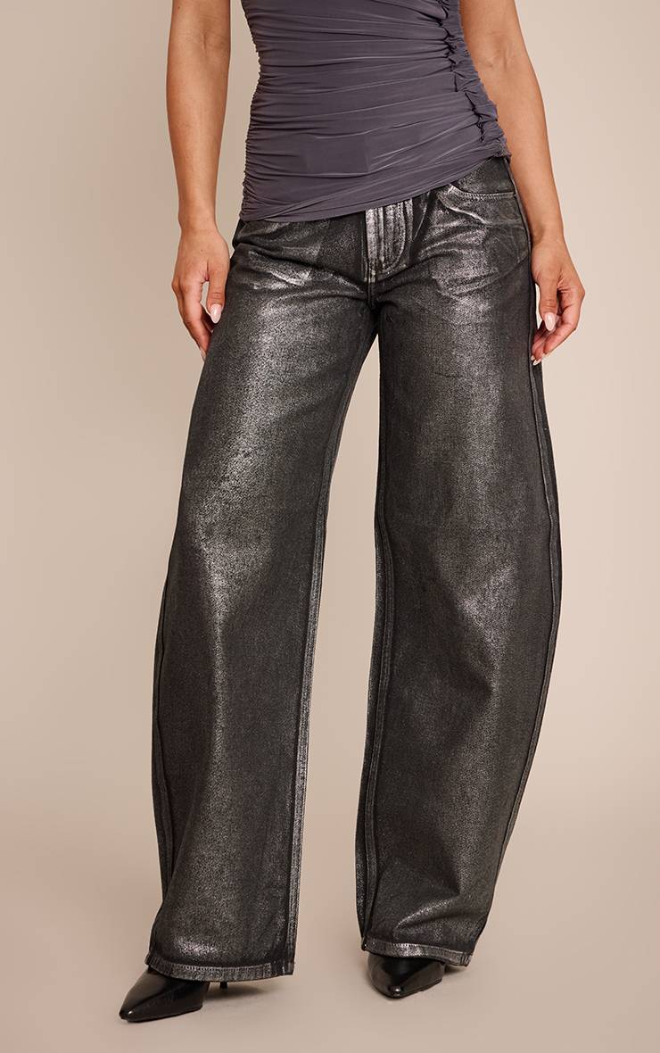 Noir Jean Barrel Taille Mi-haute À Revêtement Métallisé