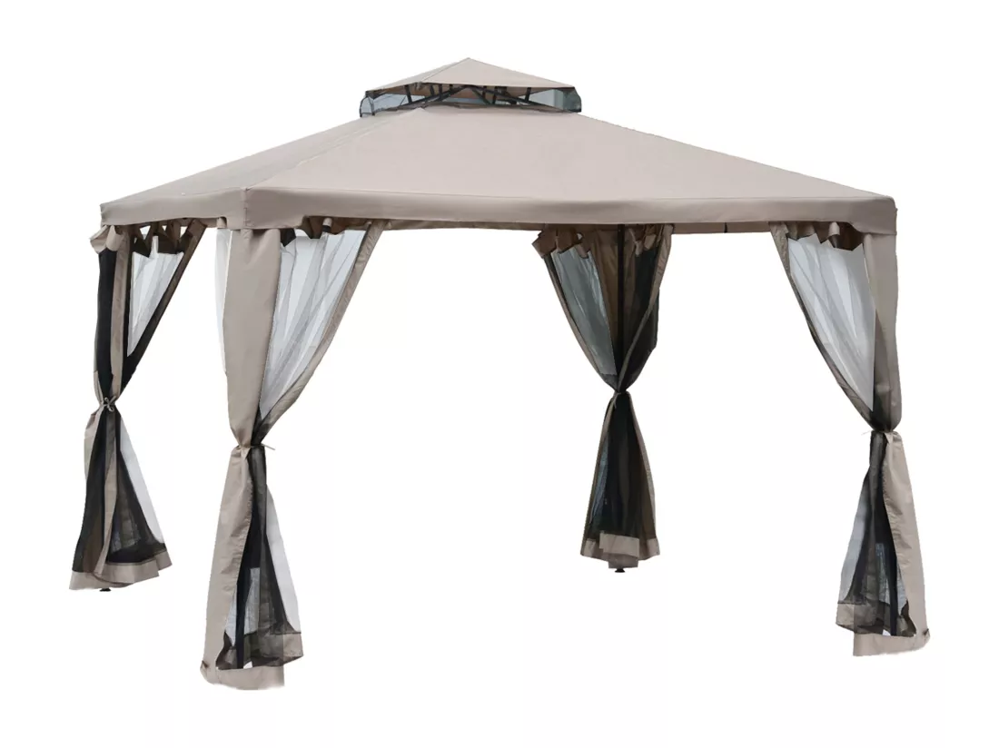Pavillon de jardin tonnelle barnum style colonial double toit toiles moustiquaires amovibles zippées taupe