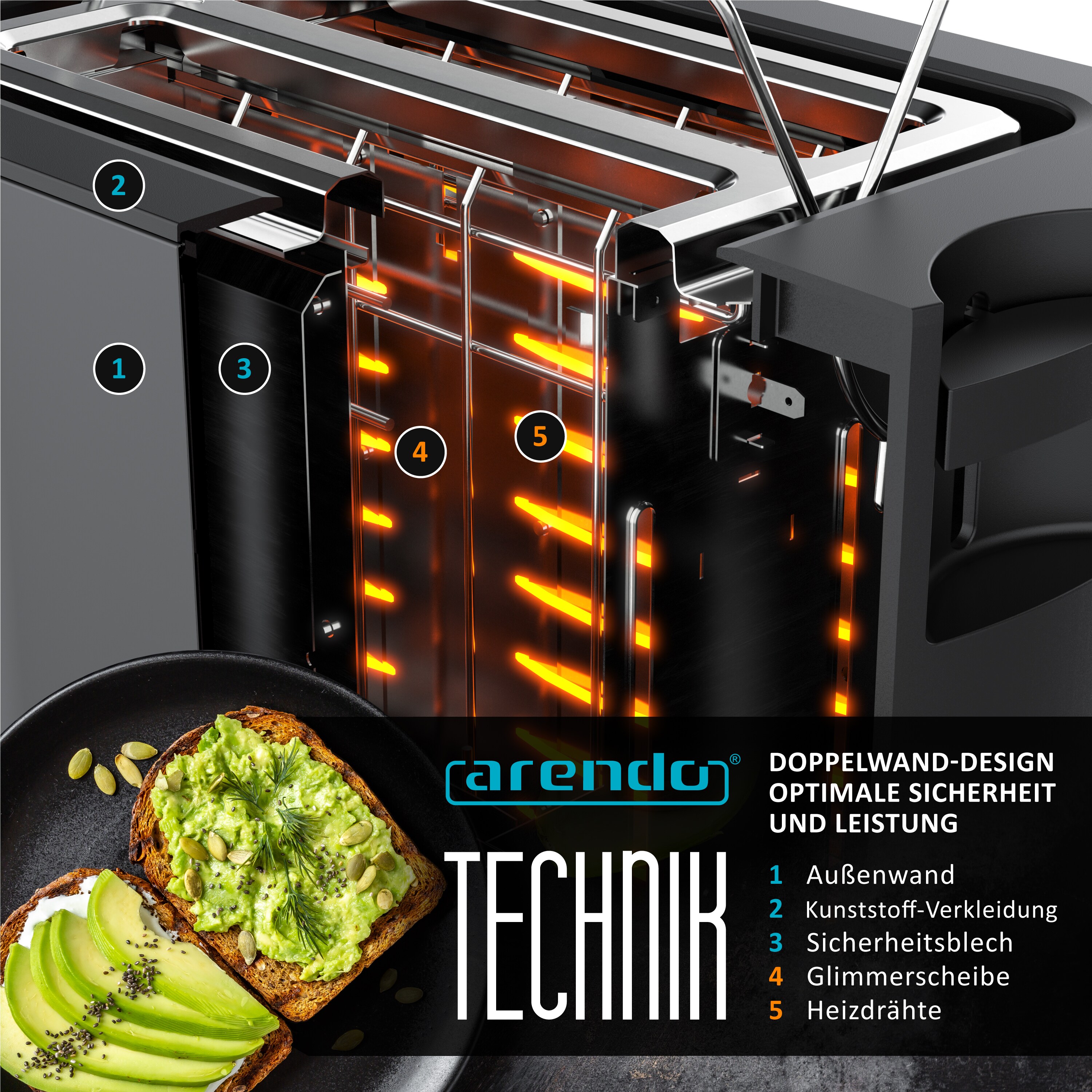 Arendo MANHA Toaster mit Restzeitanzeige, 2 Toastschlitze, integrierter Brötchenaufsatz, 6 Stufen, Auftaufunktion, 800W, Grau